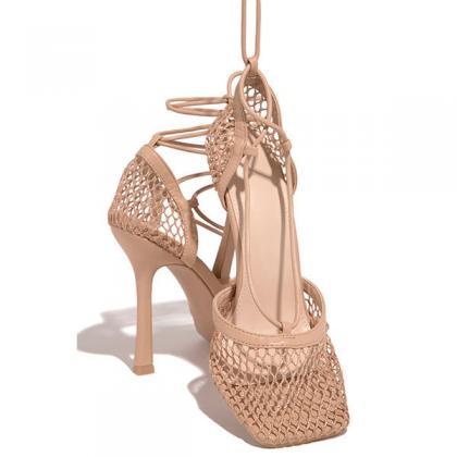 Fishnet Squared Toe Lace Up Heels
