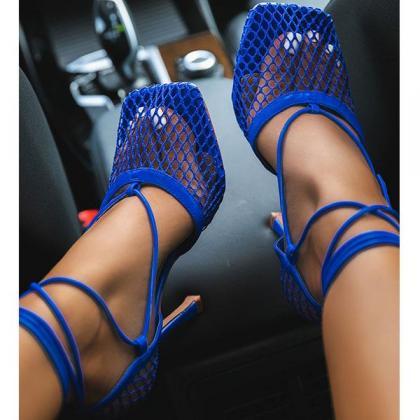 Fishnet Squared Toe Lace Up Heels