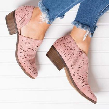 Veooy Hollow Low Heel Cutout Booties
