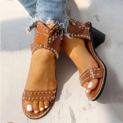 Veooy Open Toe Rivet Chunky Heeled Sandals For..