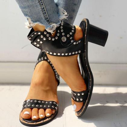 Veooy Open Toe Rivet Chunky Heeled Sandals For..