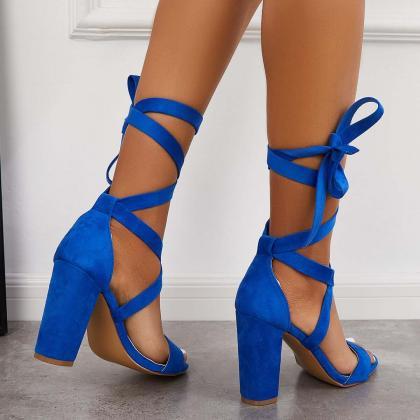 Veooy Lace Up High Heeled Sandals Chunky Block..
