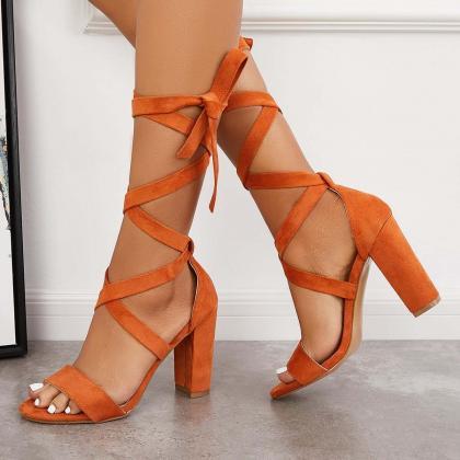 Veooy Lace Up High Heeled Sandals Chunky Block..
