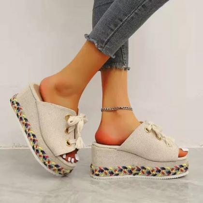 Veooy Cute Wedge Colorblock Woven Slip On Sandals