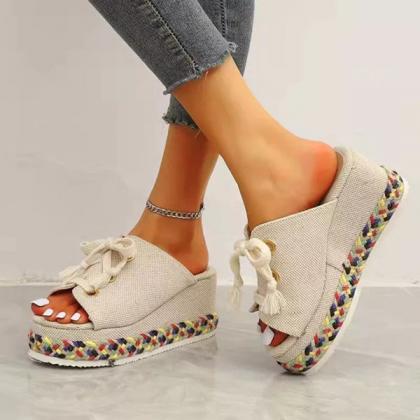 Veooy Cute Wedge Colorblock Woven Slip On Sandals