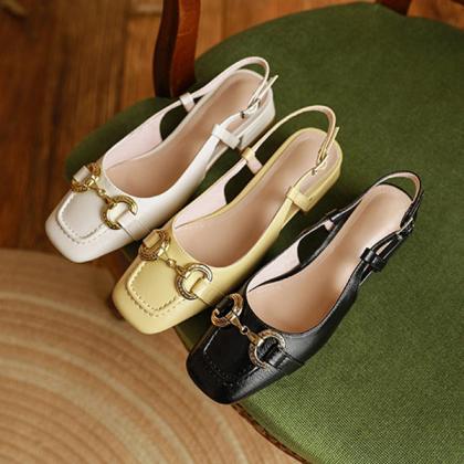 Veooy Square Toe Solid Metallic Buckle Slingback..