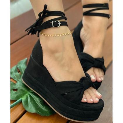 Veooy Chic Platform Lace-up Buckle Wedges