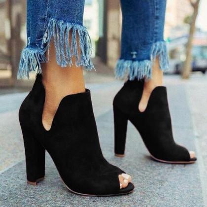 Veooy Women Solid Peep Toe Chunky Heeled Boots
