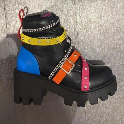 Veooy Chunky Buckle Rivet Lightweight Boots