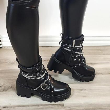 Veooy Chunky Buckle Rivet Lightweight Boots