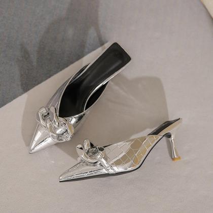 Veooy Pointed Toe Metal Chain Pumps Slides