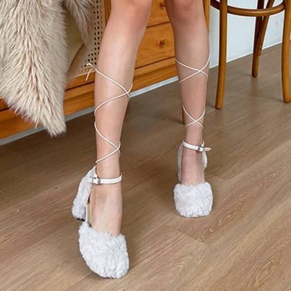 Veooy Square Toe Fuzzy Chunky Heeled Lace-up Pumps