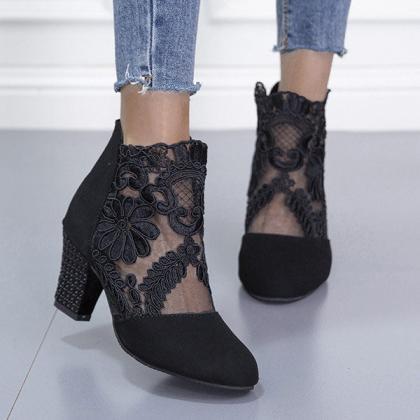Veooy Applique Stitching Lace Zipper Floral Boots