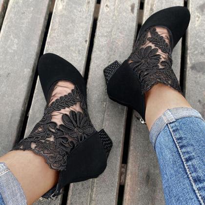 Veooy Applique Stitching Lace Zipper Floral Boots