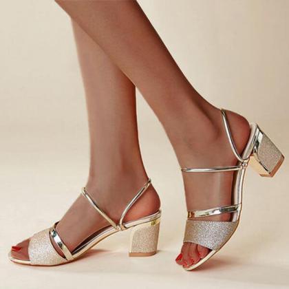 Veooy Sequin Hollow Out Chunky Heel Sandals