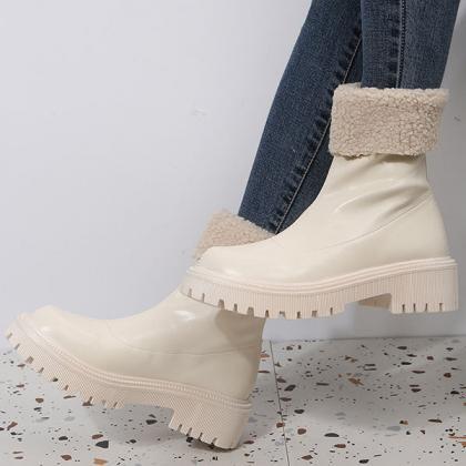 Veooy Round Toe Solid Color Warm Ankle Booties