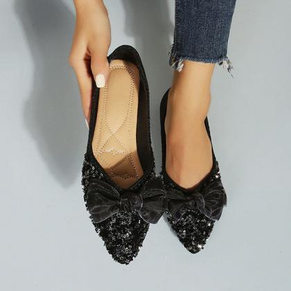 Veooy Pointed Toe Bow Sequins Flats