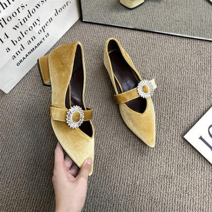 Veooy Pointed Toe Suede Rhinestone Buckle Mary..