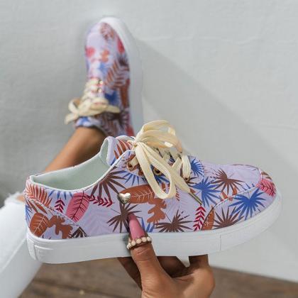 Veooy Multicolor Leaf Print Lace-up Sneakers