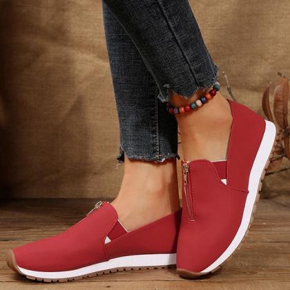 Veooy Round Toe Front Zipper Slip-on Casual Shoes