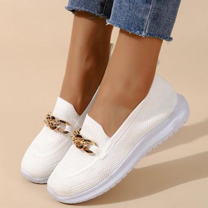 Veooy Square Toe Golden Chain Mesh Casual Shoes