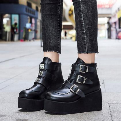Veooy Casual Punk Platform Thick Heel Buckle Strap..