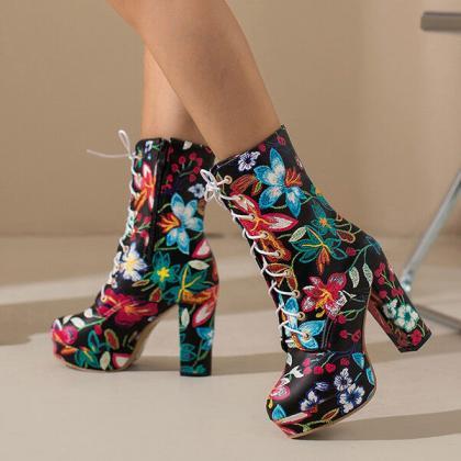 Veooy High Block Heel Floral Bohemian Lace Up..