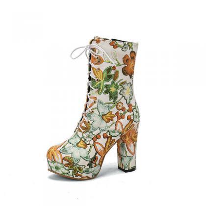 Veooy High Block Heel Floral Bohemian Lace Up..