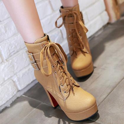 Veooy Stylish Lace Up Thick Heel Ankle Combat..