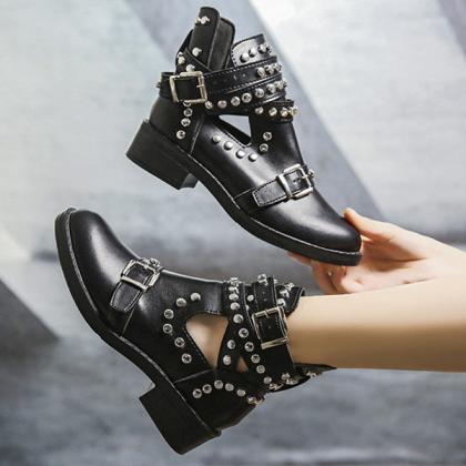 Veooy Studded Cut Out Buckle Strap Chunky Heel..