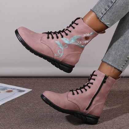 Veooy Round Toe Flower Embroidery Flat Ankle Boots