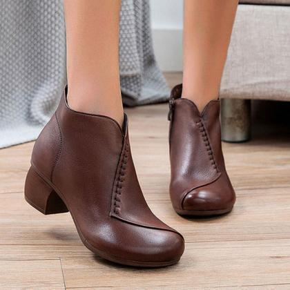 Veooy Round Toe Chunky Heeled Solid Color Ankle..