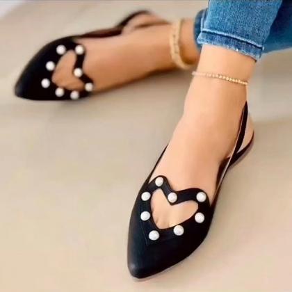 Veooy Pointed Toe Heart Cutout Beaded Flat Sandals