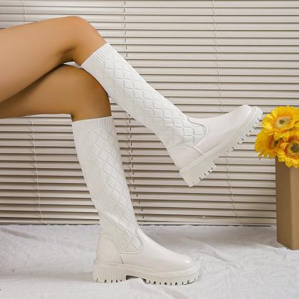 Veooy Knitted Argyle Sock Mid-calf Boots