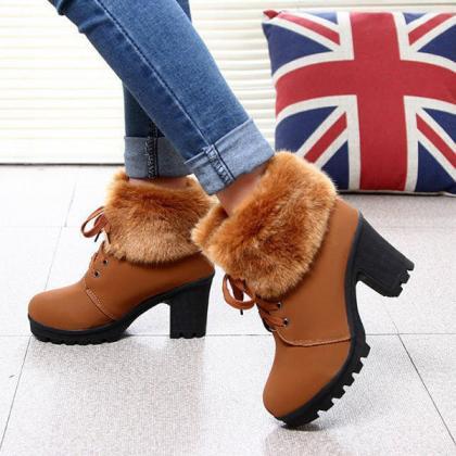 Veooy Winter Warm Fuzzy Lace-up Block Heeled Boots