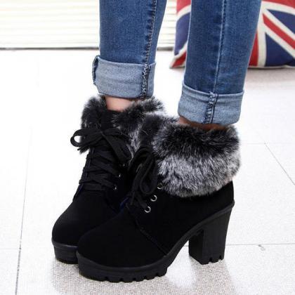 Veooy Winter Warm Fuzzy Lace-up Block Heeled Boots