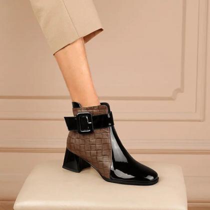 Veooy Patent Colorblock Buckle Ankle Booties