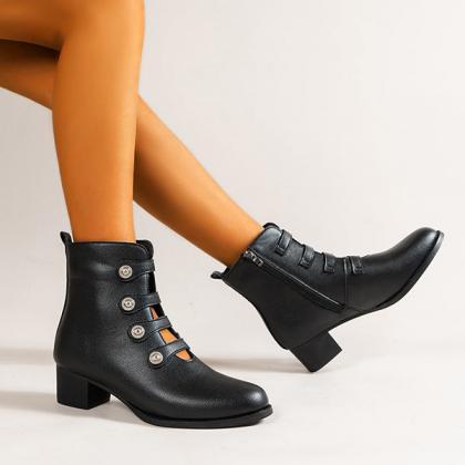 Veooy Rivet Hollow Chunky Heeled Ankle Boots