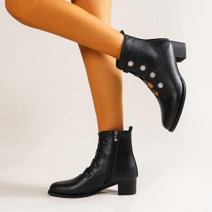 Veooy Rivet Hollow Chunky Heeled Ankle Boots