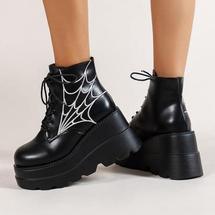 Veooy Round Toe Spider Web Print Platform Boots