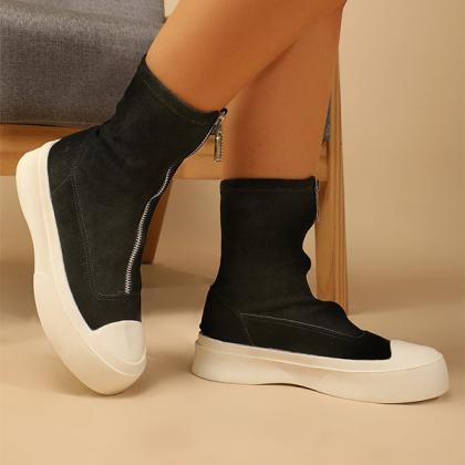 Veooy Two Tone Zip Front Faux Suede Sock Boots