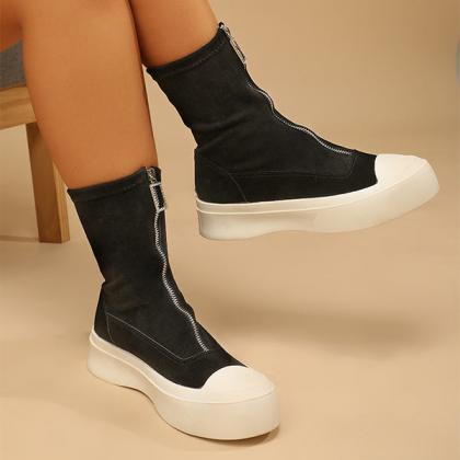 Veooy Two Tone Zip Front Faux Suede Sock Boots