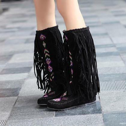 Veooy Ethnic Tassels Floral Embroidery Mid Calf..