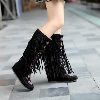 Veooy Ethnic Tassels Floral Embroidery Mid Calf..