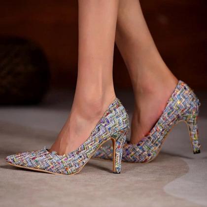 Veooy Multi-color Pointed Toe Tweed High Stiletto..