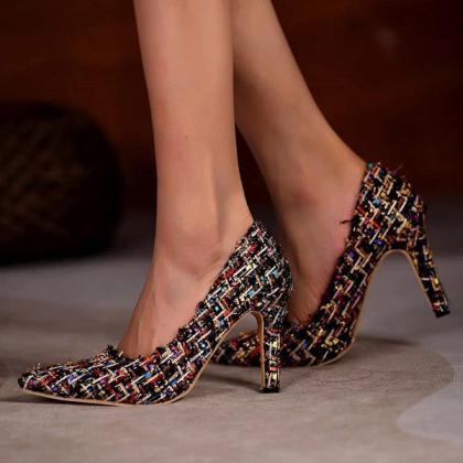 Veooy Multi-color Pointed Toe Tweed High Stiletto..