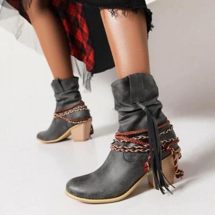 Veooy Braided Detail Tassel Decor Slouchy Boots