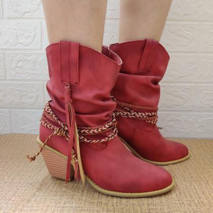 Veooy Braided Detail Tassel Decor Slouchy Boots