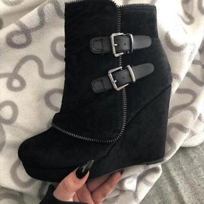 Veooy Wedge Faux Suede Zipper Ankle Boots