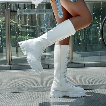Veooy Lace Up Platform Heel Knee High Boots Lug..